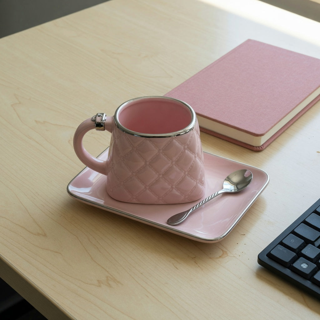 Handbag coffee cup for office desk: purse-shaped ceramic mug with a metallic rim on a saucer beside a keyboard