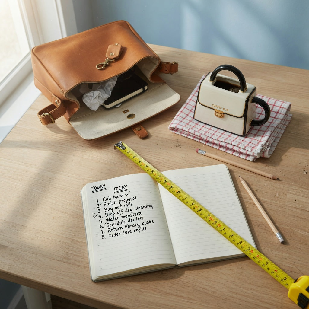 Handbag coffee mug buying checklist in progress: a handbag-shaped mug, open tote bag, tape measure and checklist notebook on a wooden desk