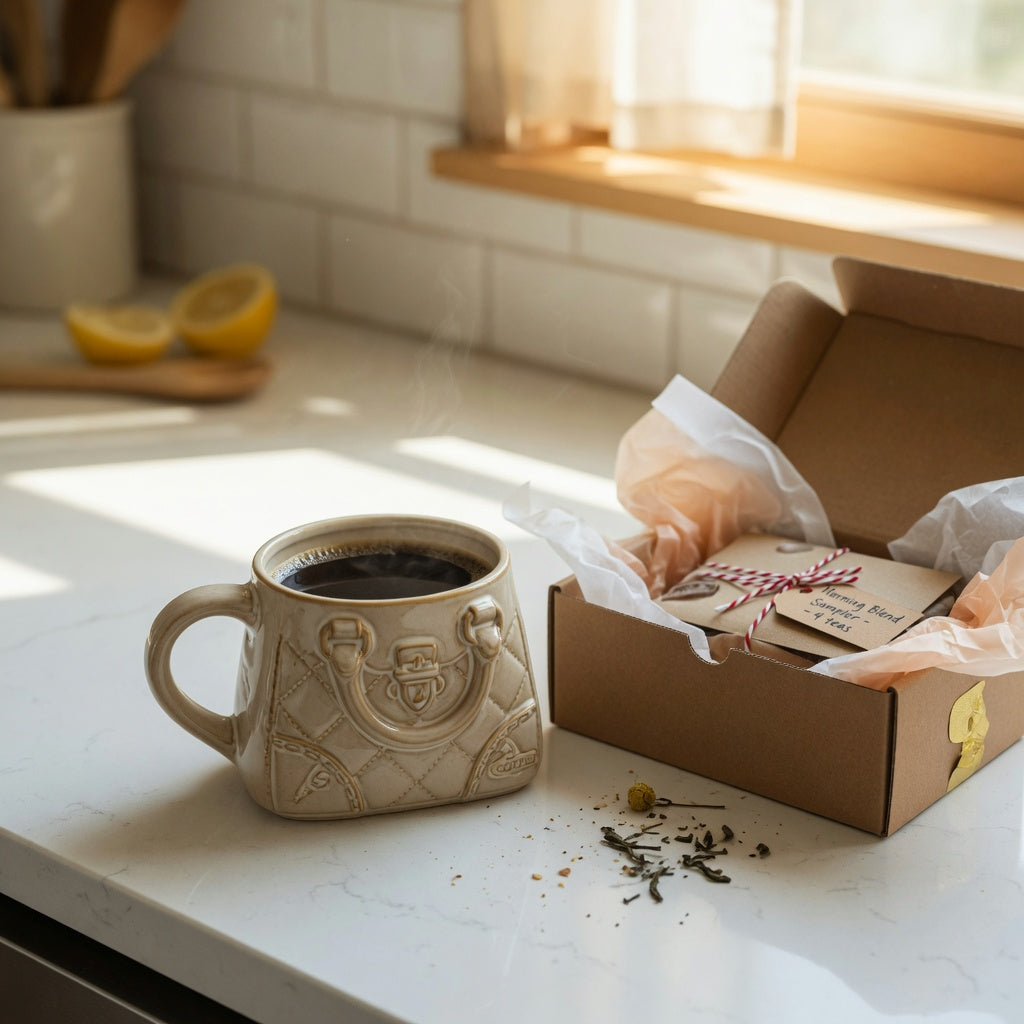 Handbag coffee mug gift packed in a kraft gift box with tissue paper on a kitchen counter