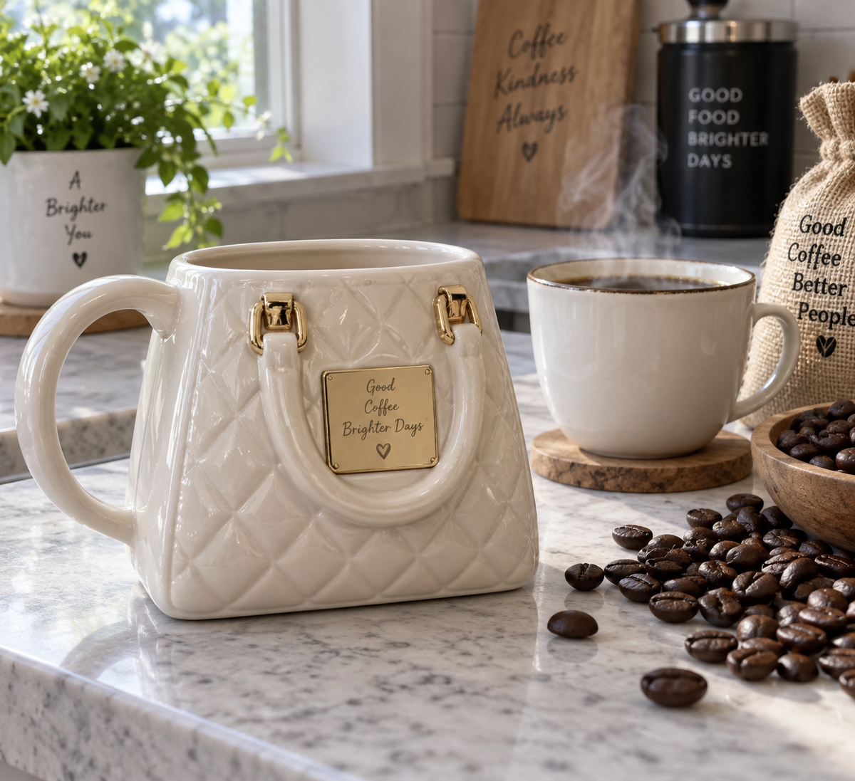 handbag coffee mug home decor on kitchen counter with coffee elements