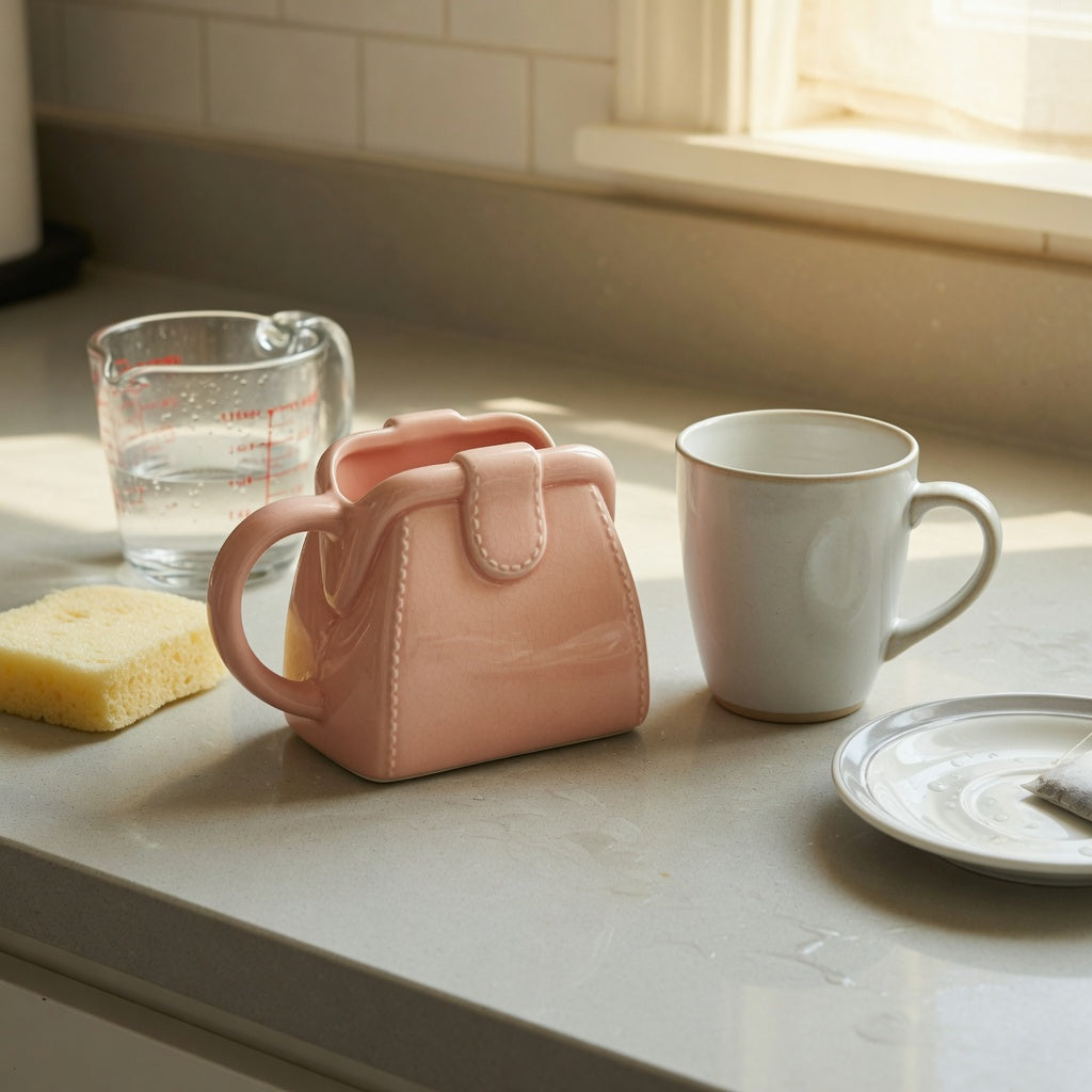 Handbag coffee mug beside an everyday mug, measuring cup, saucer, and soft cleaning sponge