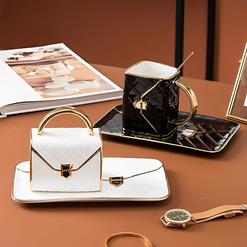 unique design coffee mugs shape and handle guide showing Handbag, Rhombus, and Crane-style mug forms on a kitchen counter