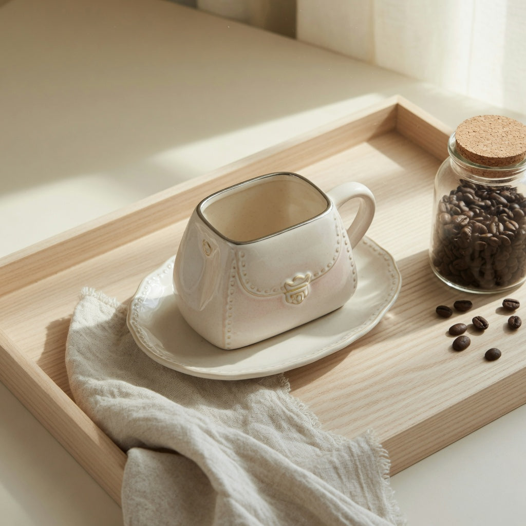 Handbag coffee tea mug for coffee lovers home decor styled on a coffee-bar tray beside a kettle