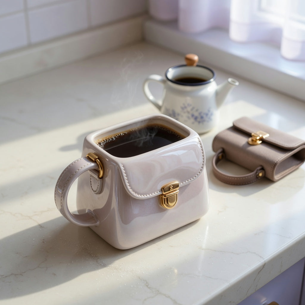 Ceramic handbag mug for coffee lovers filled with coffee on a kitchen counter beside a small coffee pot