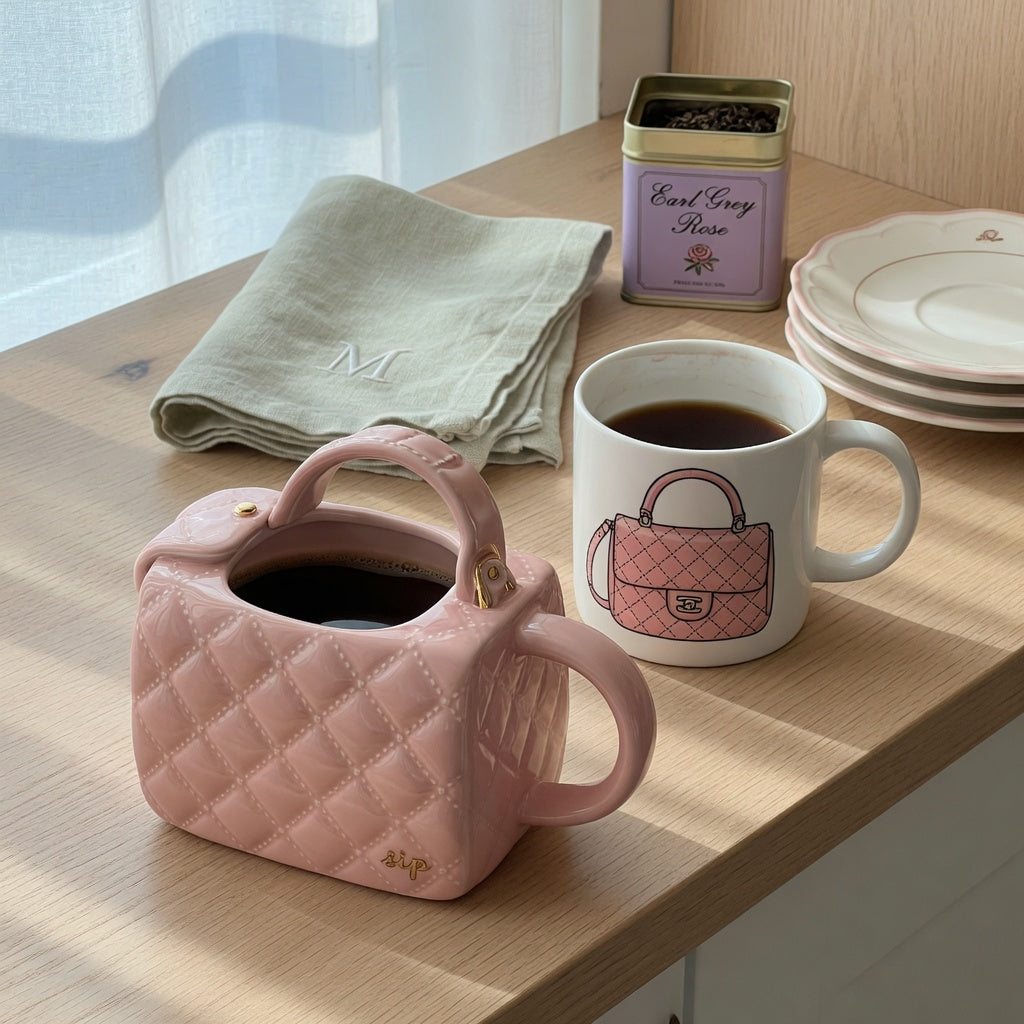 Quilted handbag mug home decor gift on a kitchen shelf beside a tea tin and stacked saucers