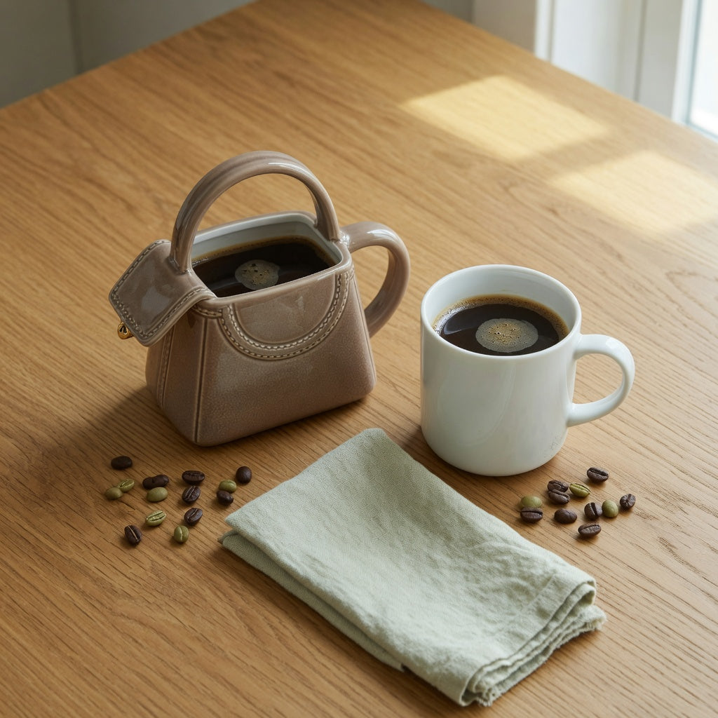 Handbag mug vs ceramic mug side by side on a wooden table, the sculpted purse-shaped ceramic mug next to a classic white coffee mug