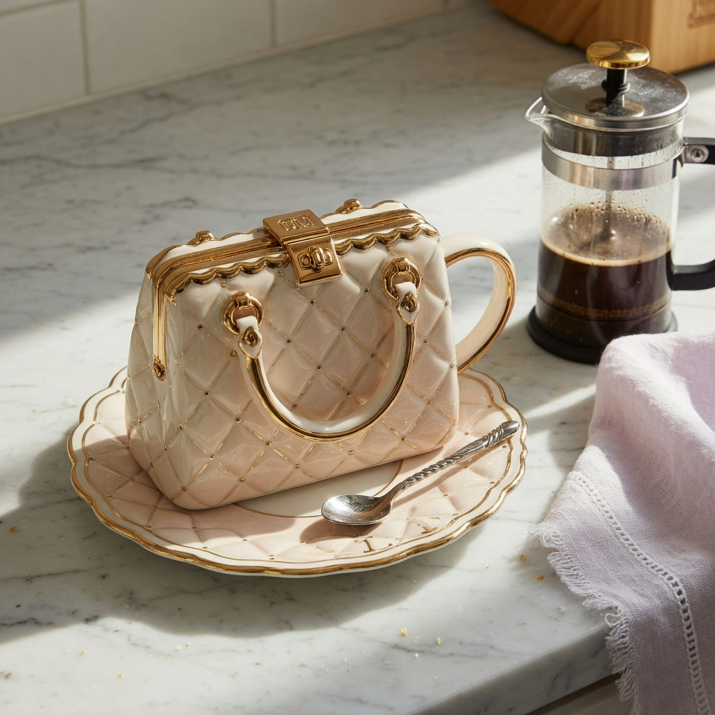 Handbag tea mug for coffee lovers — gold-trim ceramic purse-shaped mug with matching saucer and spoon on a kitchen counter