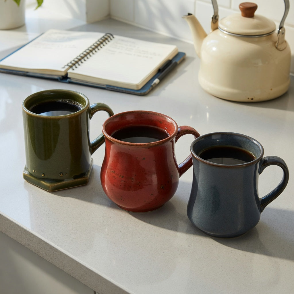 Heavy ceramic coffee mugs current product facts comparison showing three listed sizes and distinct mug shapes