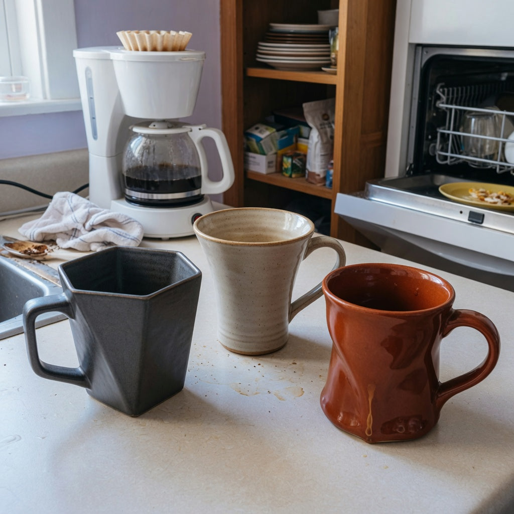 Kitchen counter scene for the heavy ceramic coffee mugs everyday mug rotation product shortlist guide, showing three distinct ceramic mug silhouettes beside an open cabinet