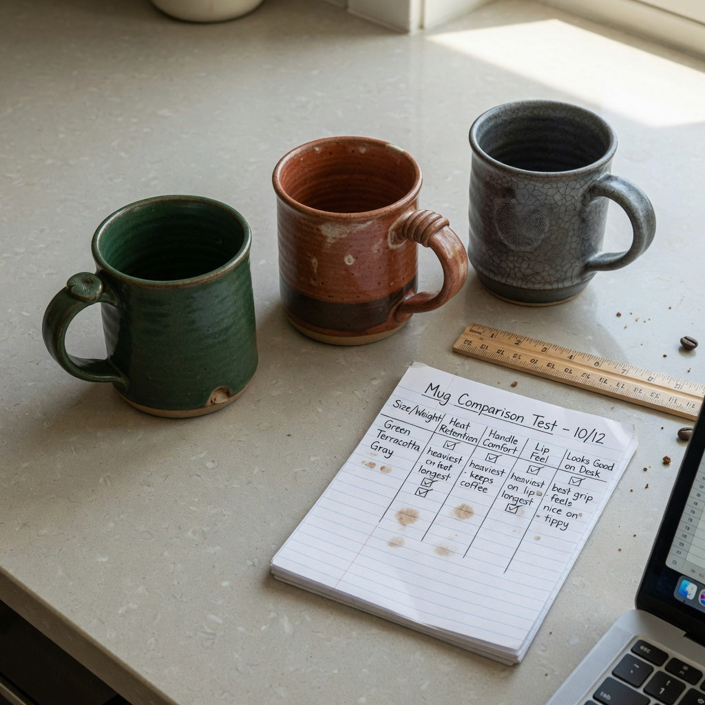 heavy ceramic coffee mugs first time buyer product shortlist guide with three ceramic mug options and a handwritten comparison checklist