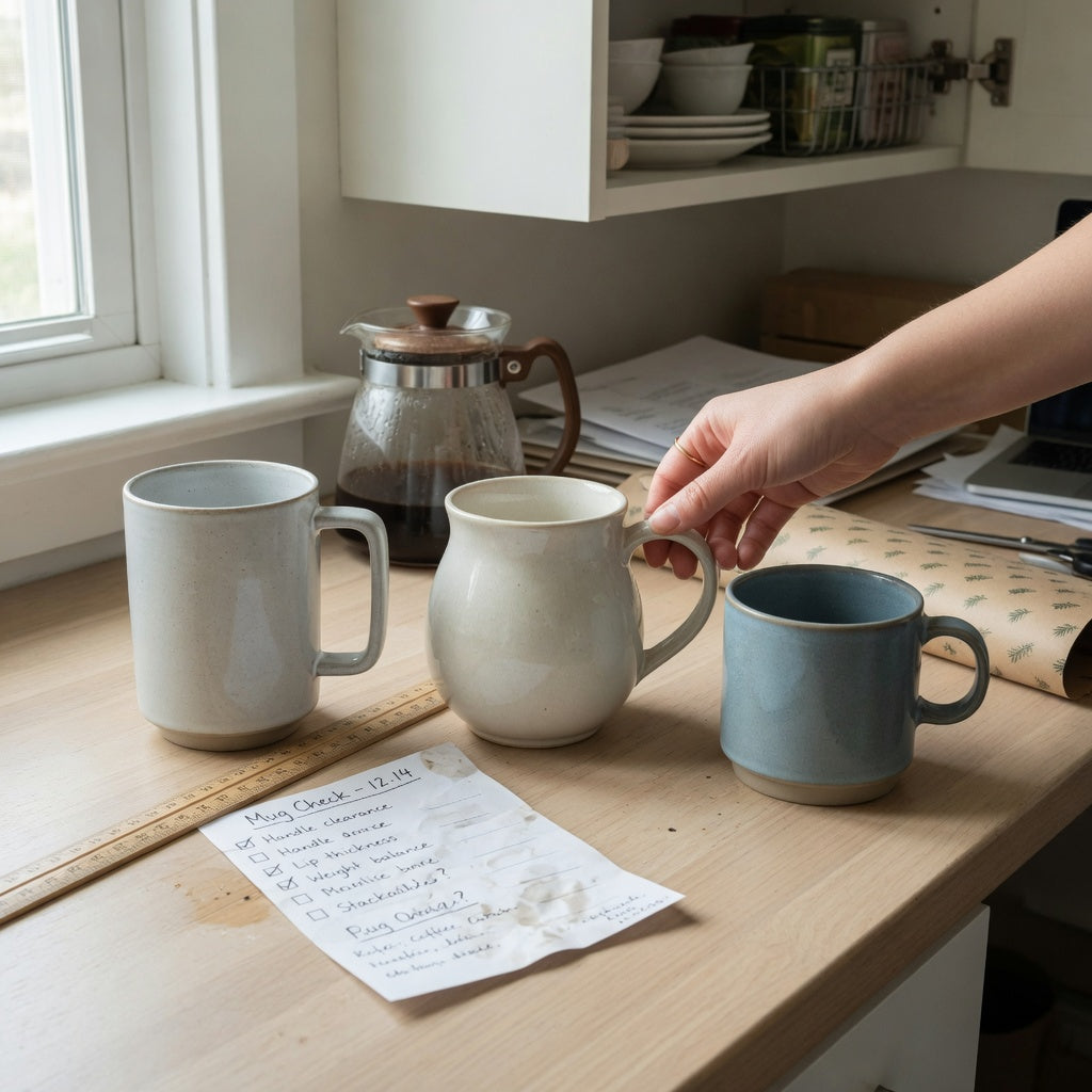 Heavy ceramic coffee mugs gift choice practical purchase checklist with three mugs compared on a kitchen counter