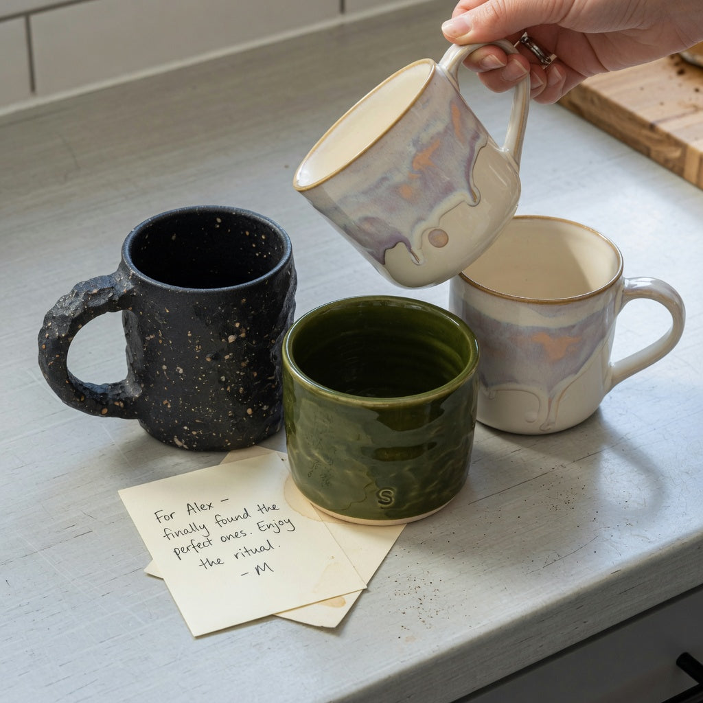 heavy ceramic coffee mugs gift choice product shortlist guide showing The Rock, Spittoon, and The Flow on a kitchen counter