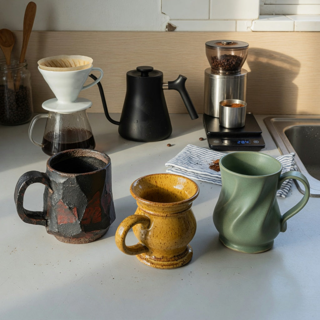 heavy ceramic coffee mugs home coffee station product shortlist guide showing three sculptural mugs beside a kettle, grinder, scale, and dripper