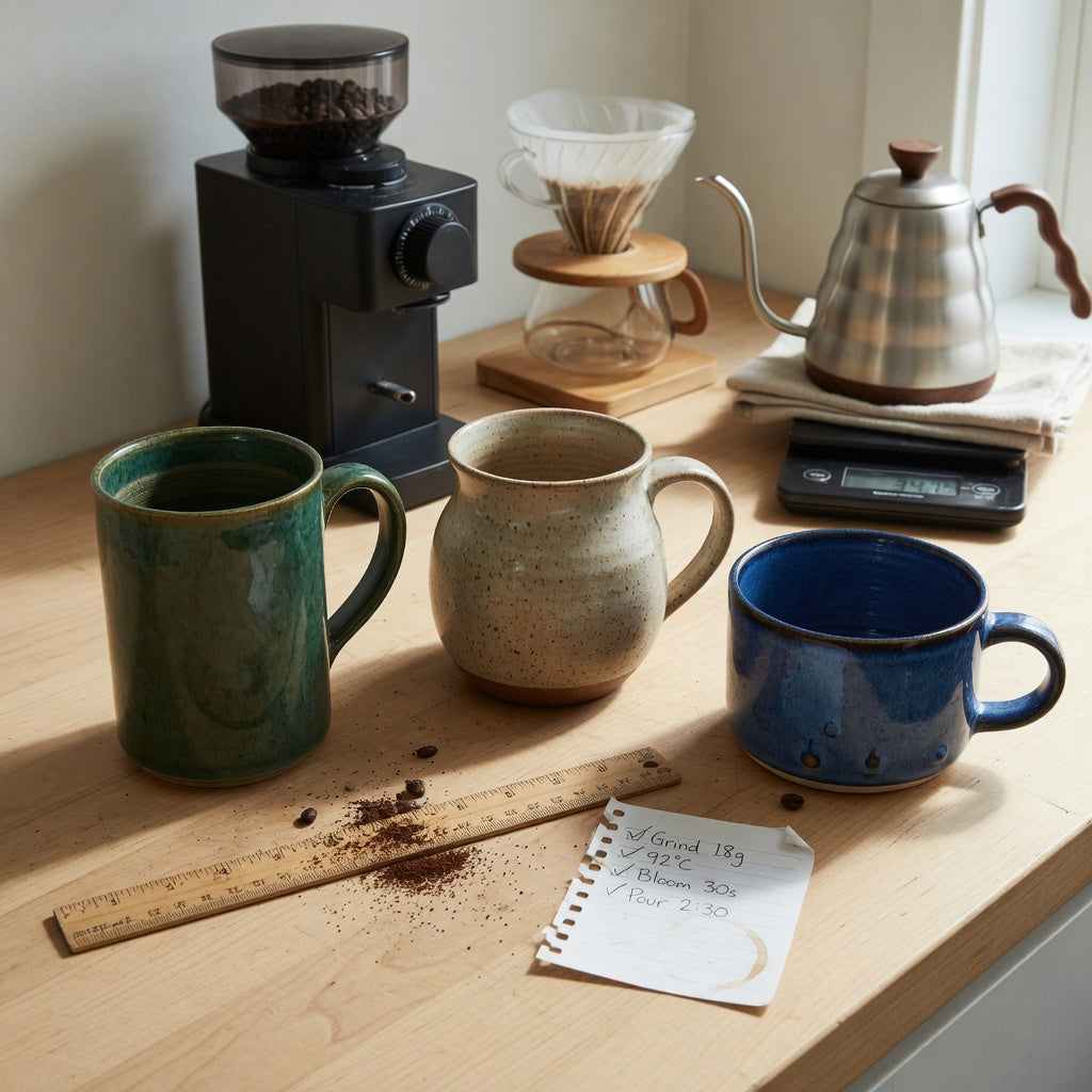 Heavy ceramic coffee mugs home coffee station practical purchase checklist shown with three mugs, a grinder, kettle, ruler, and kitchen scale