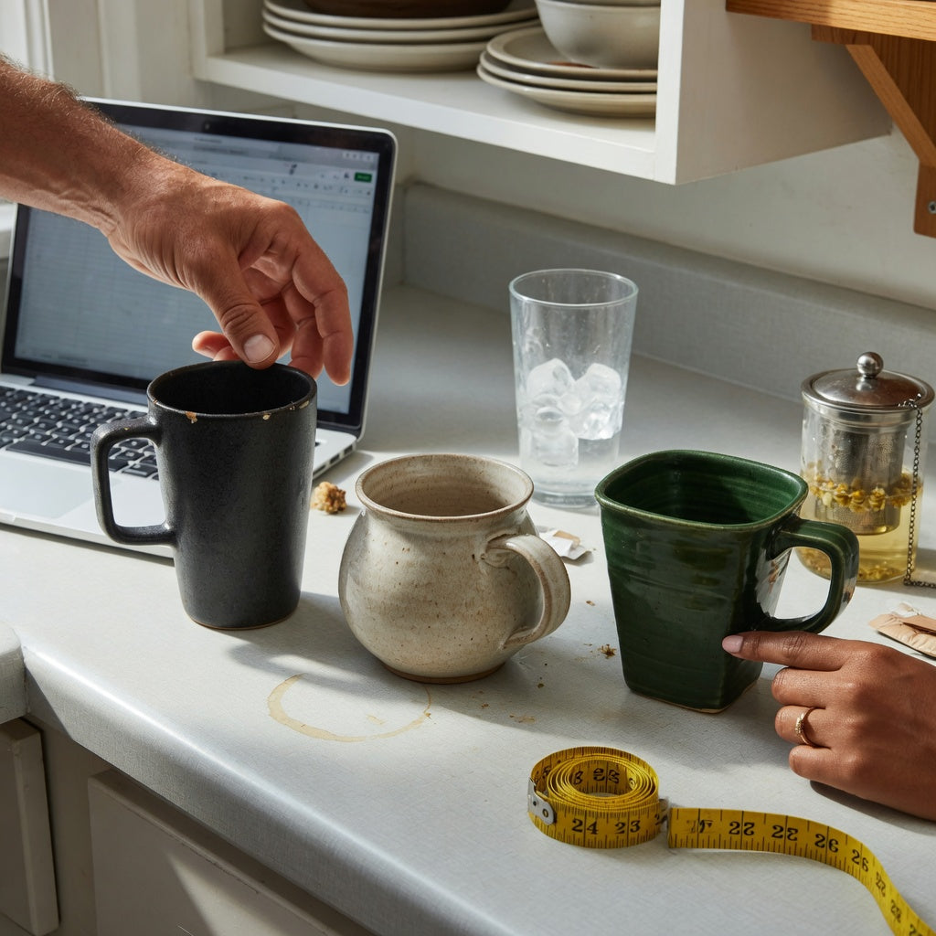 heavy ceramic coffee mugs shared household practical purchase checklist on a shared kitchen counter