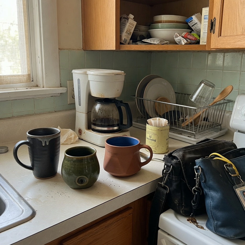 Heavy ceramic coffee mugs shared household product shortlist guide with three distinct mugs on a shared kitchen counter