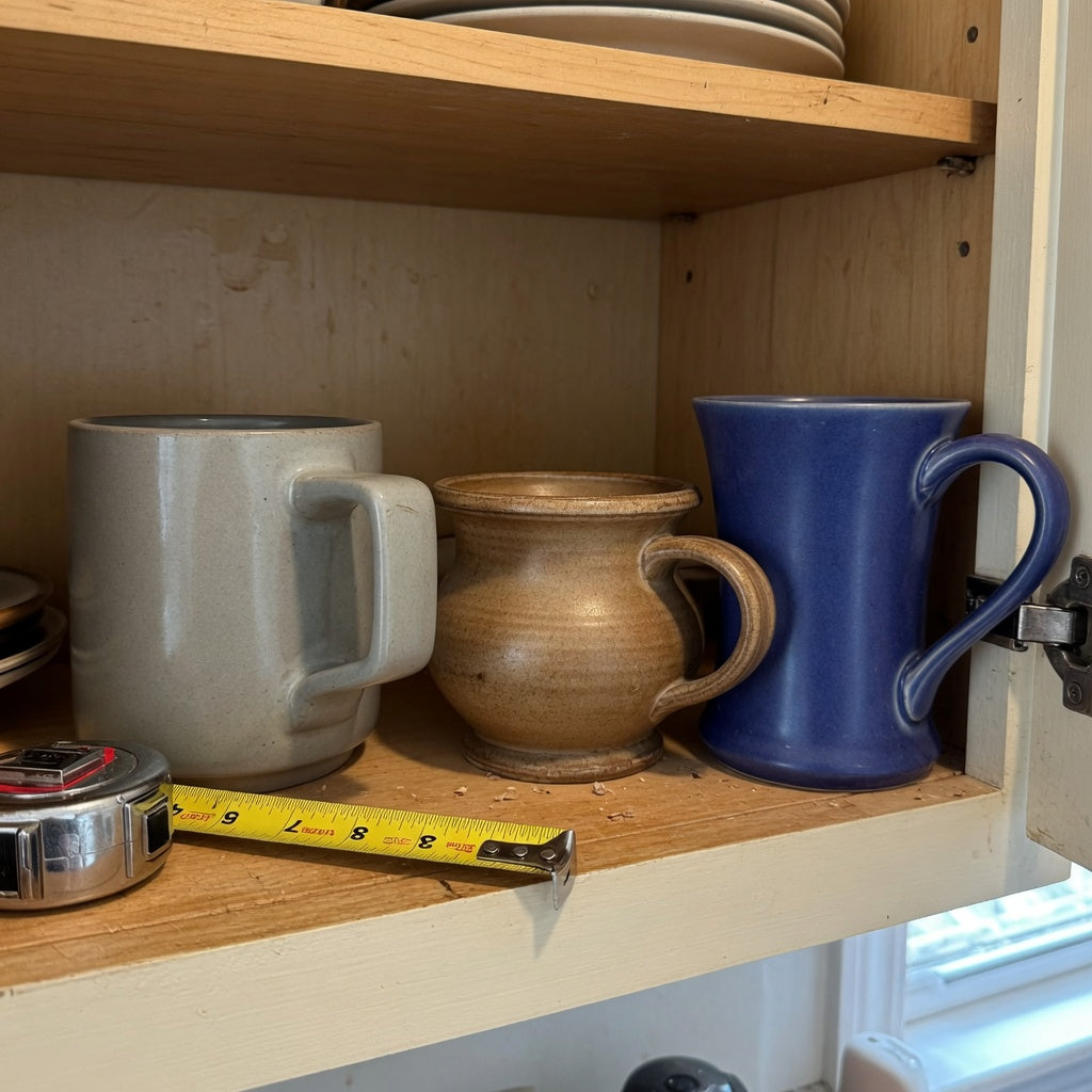 heavy ceramic coffee mugs storage fit guide comparing The Rock, Spittoon and Flow on a measured cabinet shelf