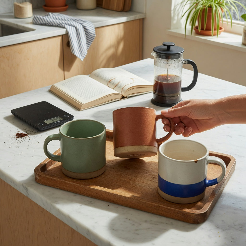 heavy ceramic coffee mugs weekend coffee practical purchase checklist with three mugs, a kitchen scale, and a weekend coffee setup