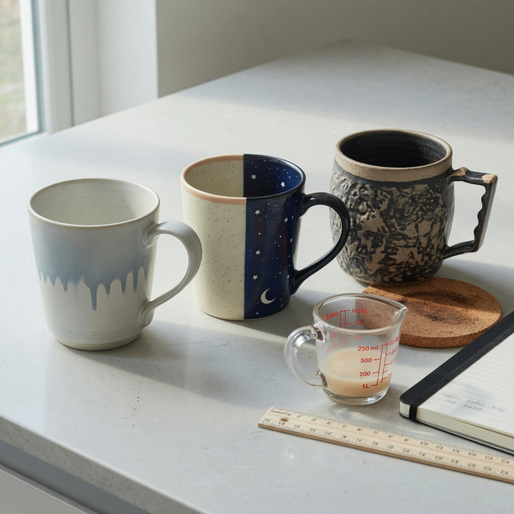 Herbal tea mug buying priorities shown with three handled mugs, a measuring jug, and a desk space check