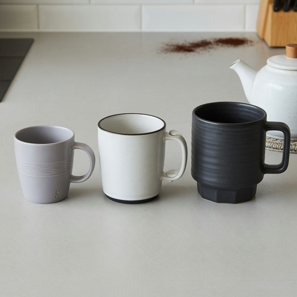 Herbal tea mug current product facts comparison of The Flow 400 ml, Morning and Night 440 ml, and The Rock 480 ml.