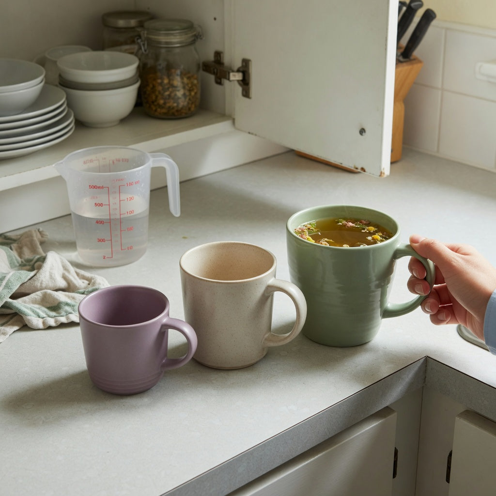 herbal tea mug everyday mug rotation practical purchase checklist with 400 ml, 440 ml, and 480 ml handled mugs on a kitchen counter