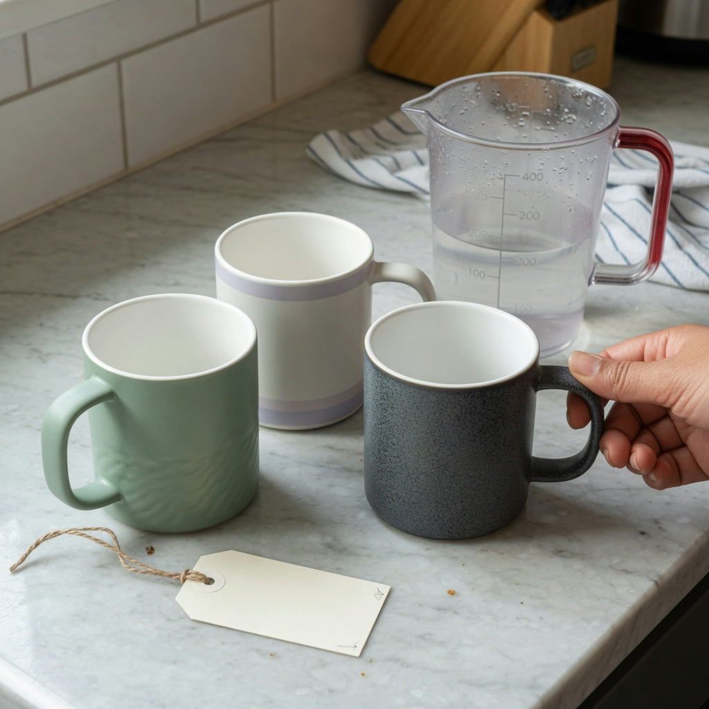 An herbal tea mug gift choice practical purchase checklist scene comparing The Flow 400 ml, Morning and Night 440 ml, and The Rock 480 ml.