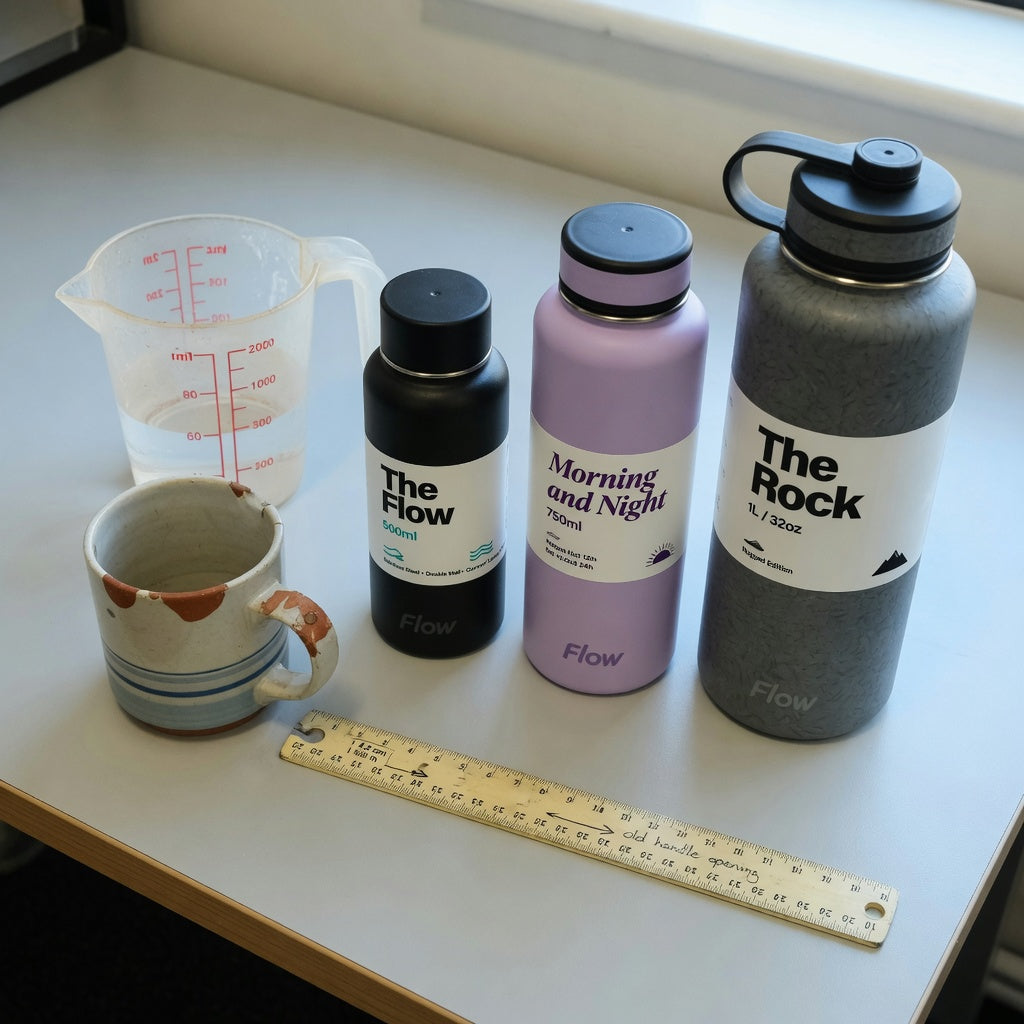 Herbal tea mug replacement purchase practical purchase checklist with three mug capacities and an old handle being measured