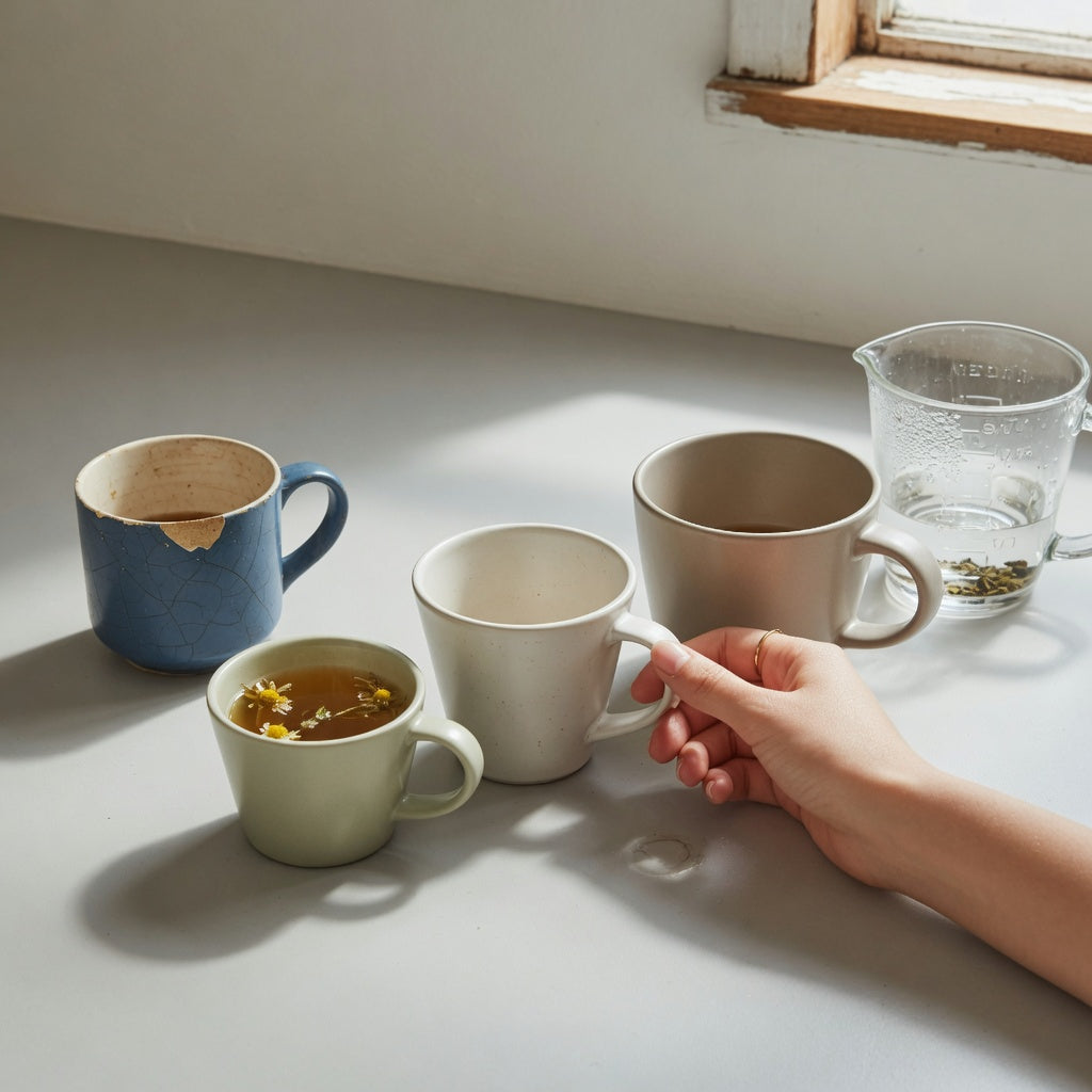 Herbal tea mug replacement purchase product shortlist guide showing three mug sizes compared for capacity and handle comfort