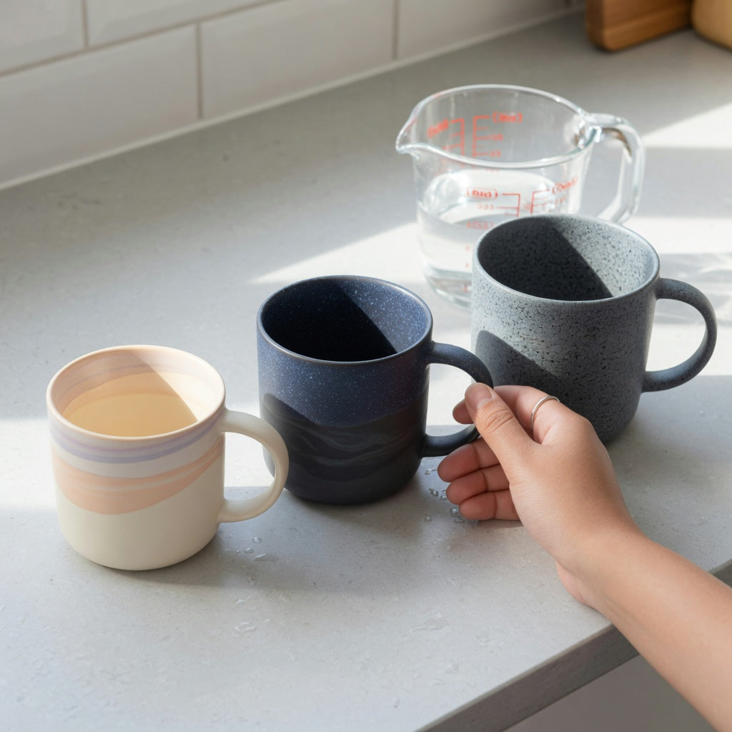 Herbal tea mug size decision guide showing The Flow 400 ml, Morning and Night 440 ml, and The Rock 480 ml on a kitchen counter