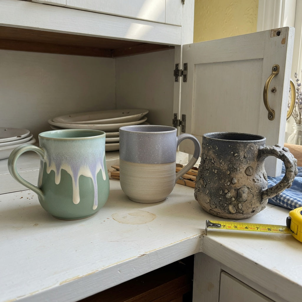 Herbal tea mug storage fit guide with The Flow, Morning and Night, and The Rock compared on a cabinet shelf