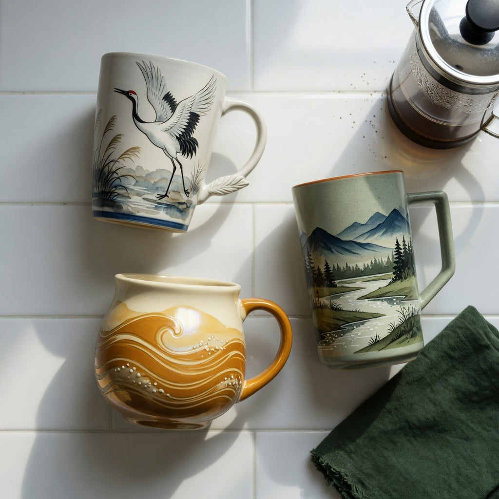 High quality ceramic coffee mugs current product facts comparison featuring The Crane, Golden Waves Kio, and Landscape Tall designs