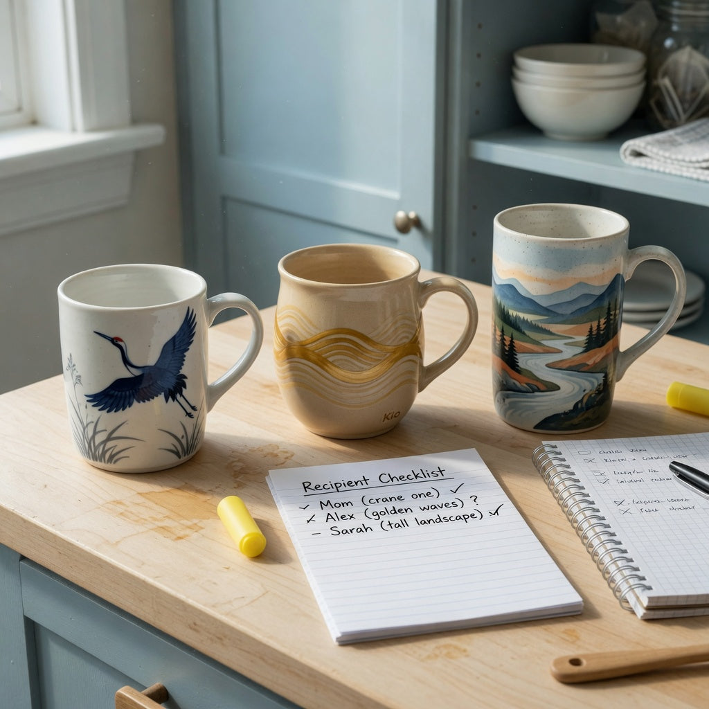High quality ceramic coffee mugs gift choice product shortlist guide comparing The Crane, Golden Waves Kio, and Landscape Tall on a kitchen counter