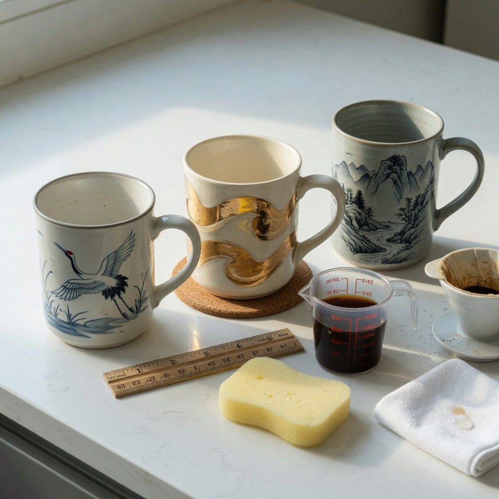 high quality ceramic coffee mugs first time buyer practical purchase checklist with patterned mugs, a measuring cup, ruler, and care sponge