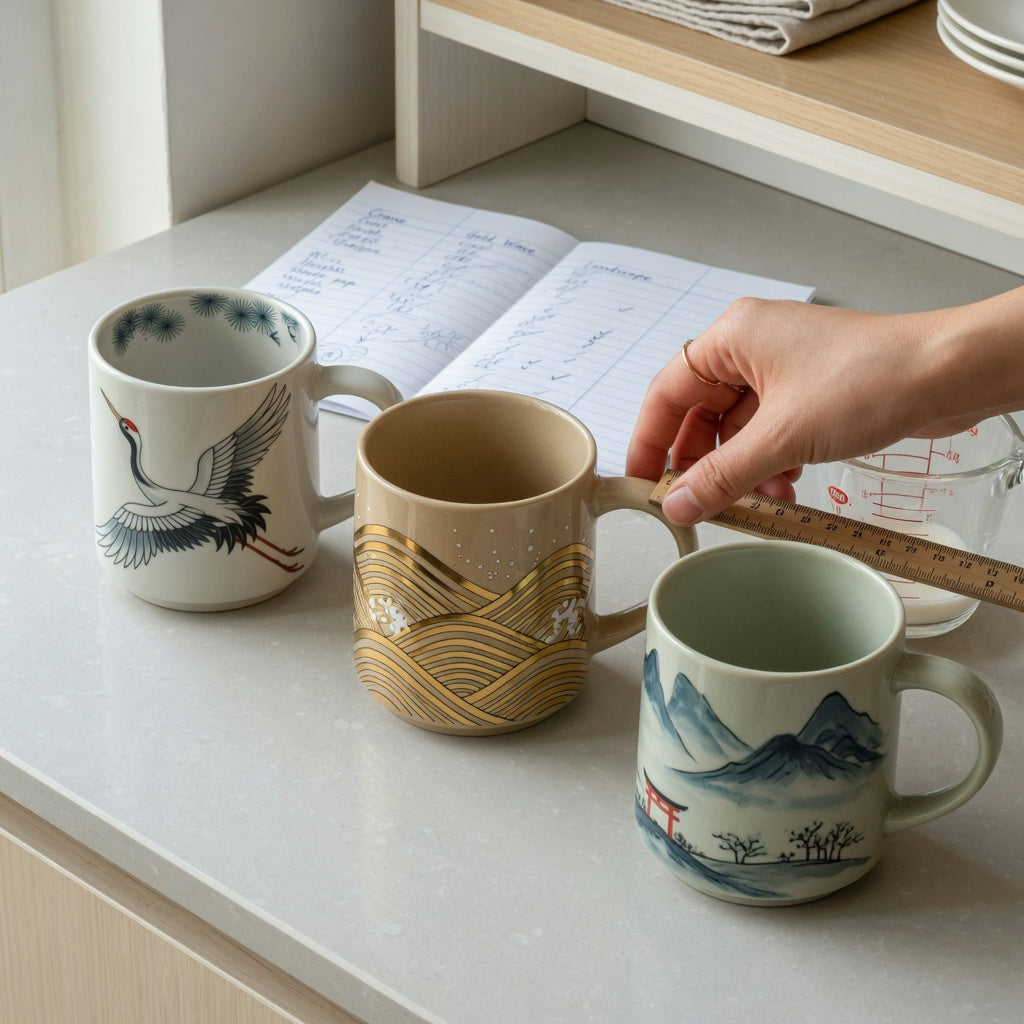 High quality ceramic coffee mugs gift choice practical purchase checklist beside Crane, Golden Waves Kio, and Landscape Tall mug designs