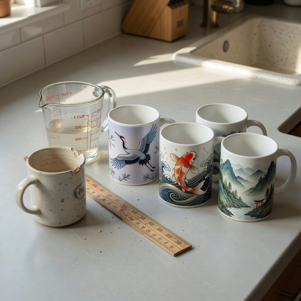 High quality ceramic coffee mugs replacement purchase practical purchase checklist with a chipped mug, measuring jug, ruler, and three replacement designs