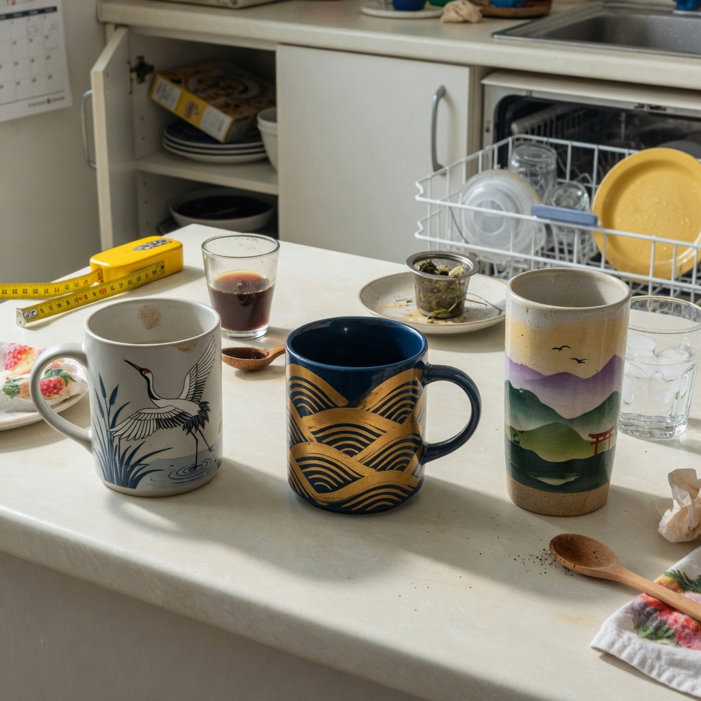 Three individual mug styles in a high quality ceramic coffee mugs shared household product shortlist guide on a shared kitchen counter