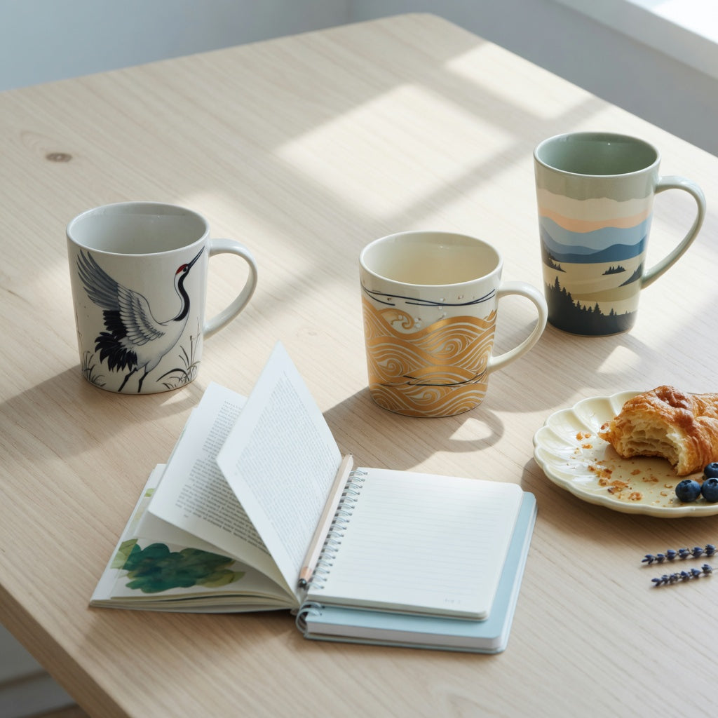 high quality ceramic coffee mugs weekend coffee product shortlist guide: three CoffeifyMug ceramic mugs on a kitchen table beside a book and brunch plates