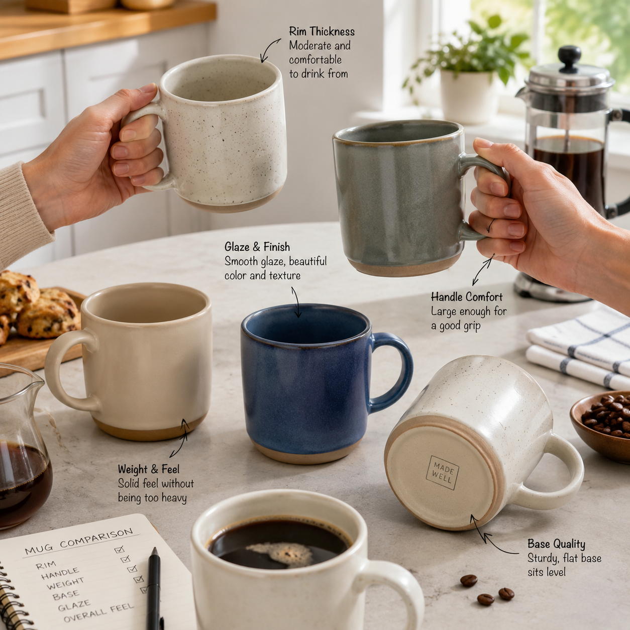 High quality ceramic coffee mugs on a kitchen counter being compared for handle fit, rim shape, and everyday use