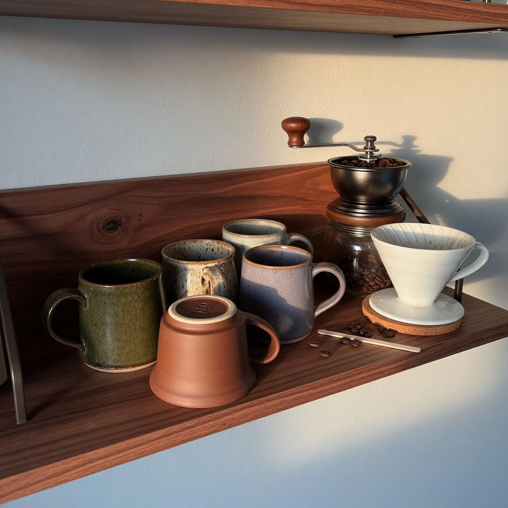 Home decor ceramic mug on an open coffee-bar shelf, with the base and foot ring turned toward the camera