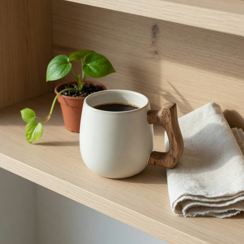 Home decor ceramic mug wooden handle on an oak shelf beside a small plant