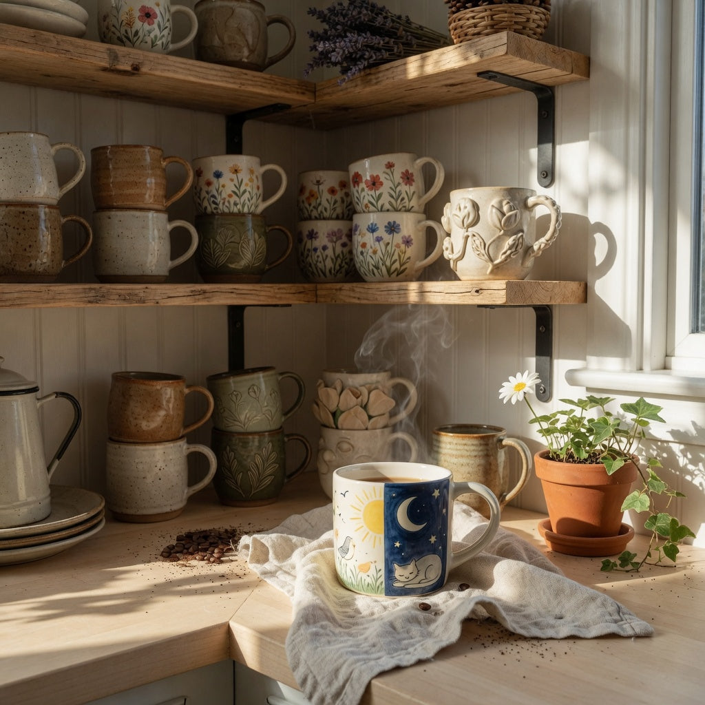 home decor enthusiasts coffee tea mug pieces styled on a sunlit kitchen coffee bar shelf with stoneware and floral glazes
