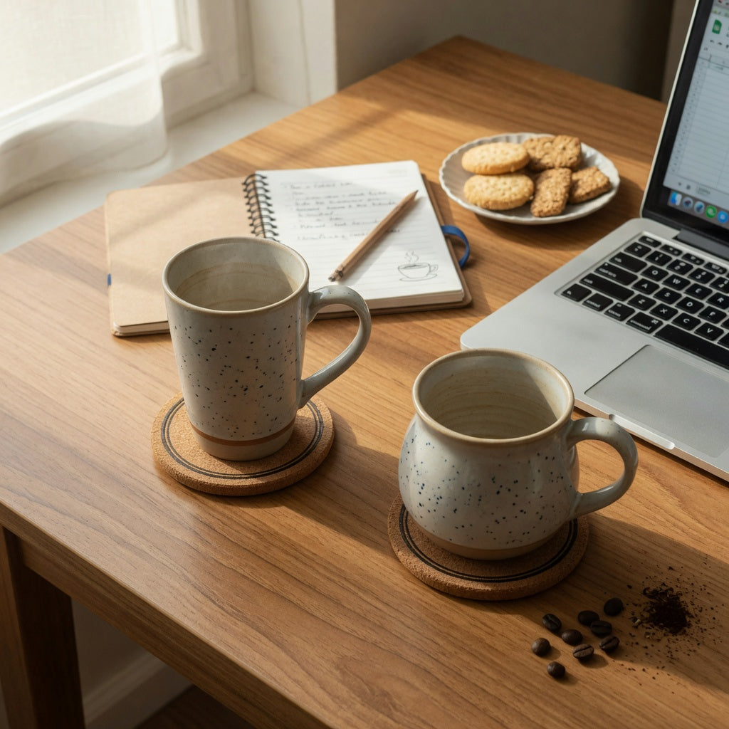 Two ceramic mugs, one tall and one round, on a wooden desk beside a laptop — a home office coffee mug pair gift set up for two remote workers