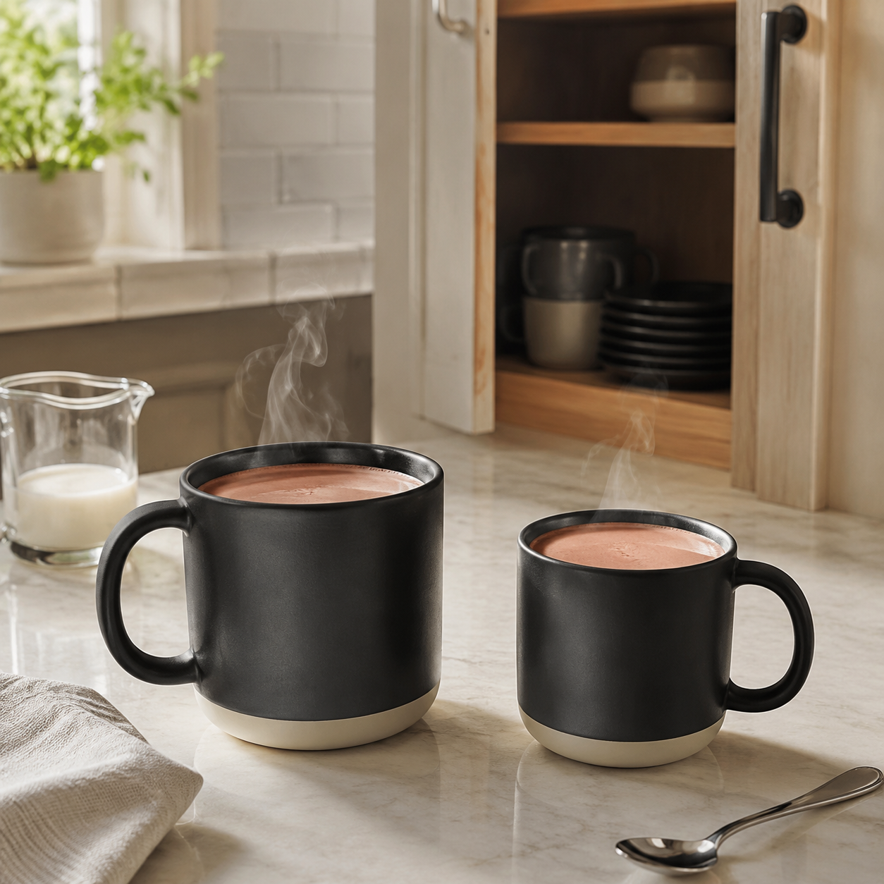 Hot cocoa mug size comparison with 400 ml and 480 ml mugs on a kitchen counter