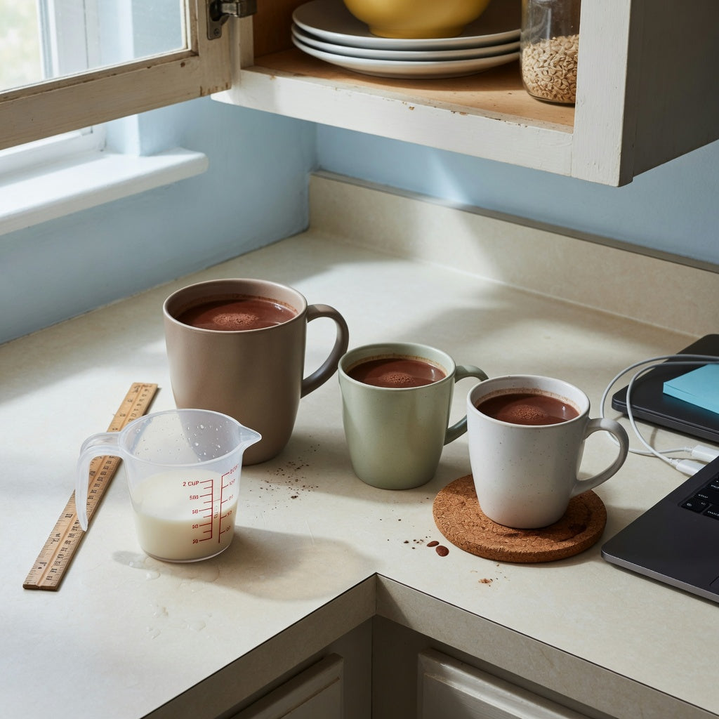 Hot cocoa mug buying priorities compared using capacity, shape, and available counter space