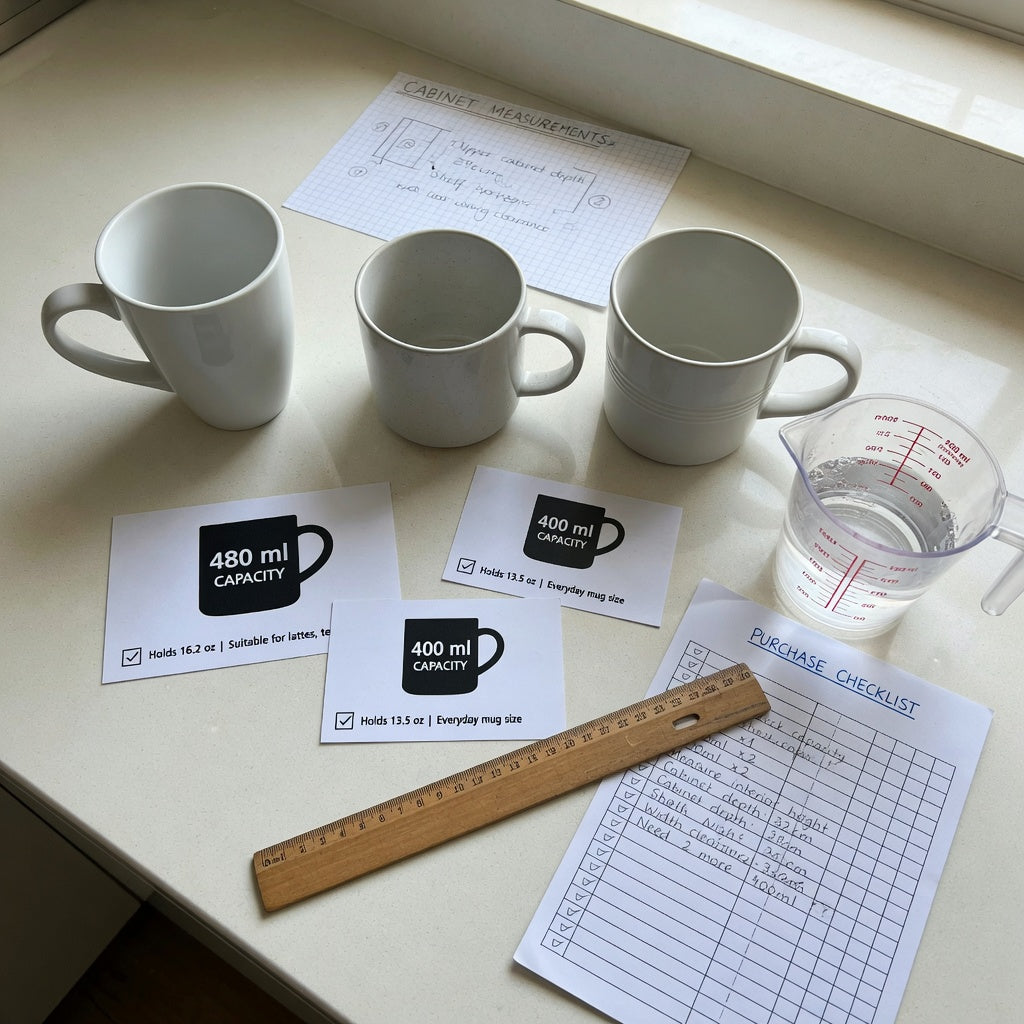 Hot cocoa mug first time buyer practical purchase checklist with 400 ml and 480 ml mugs, a measuring jug, ruler, and care notes