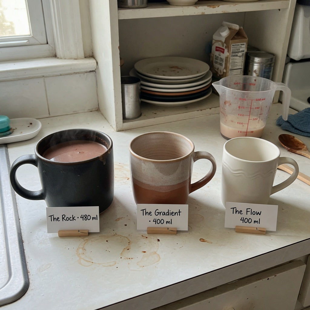 Kitchen-counter hot cocoa mug first time buyer product shortlist guide showing three mugs compared by 400 ml and 480 ml capacity