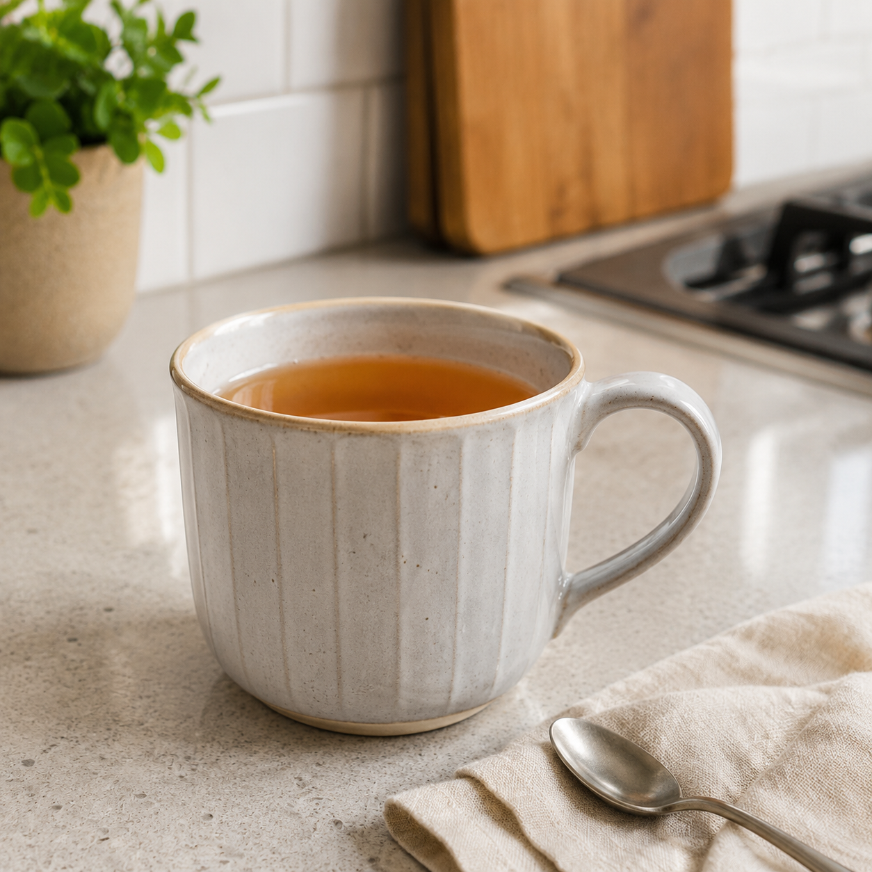 Hot toddy mug with a comfortable handle and visible space below the ceramic rim