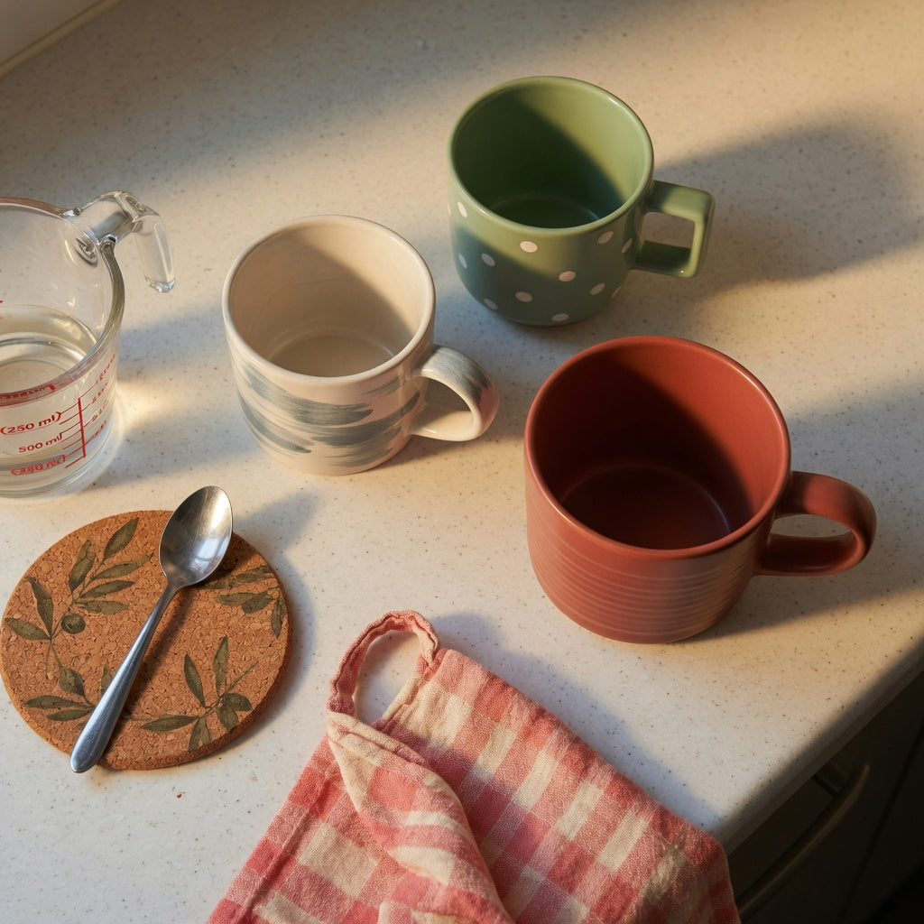 Hot toddy mug buying priorities shown through three ceramic mugs compared for capacity, handle shape, and counter space