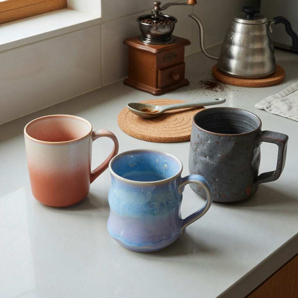 Hot toddy mug home coffee station product shortlist guide showing three ceramic mug options beside a kettle