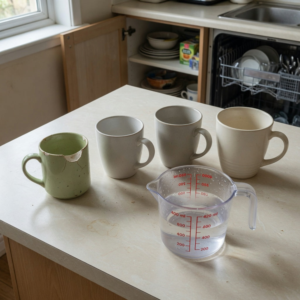 Hot toddy mug replacement purchase practical purchase checklist showing two 400 ml ceramic mugs, one 480 ml mug, and their handle profiles beside a chipped mug